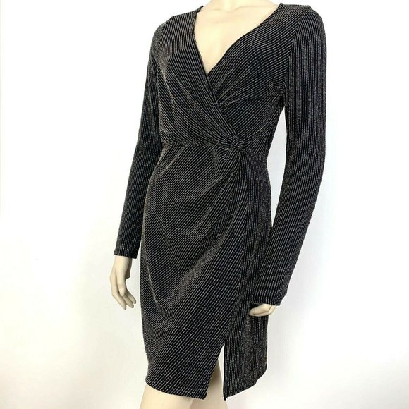 Row A Womens Cocktail long sleeve dress Sz Large L Nylon lurex Black Gold Silver - Picture 2 of 12